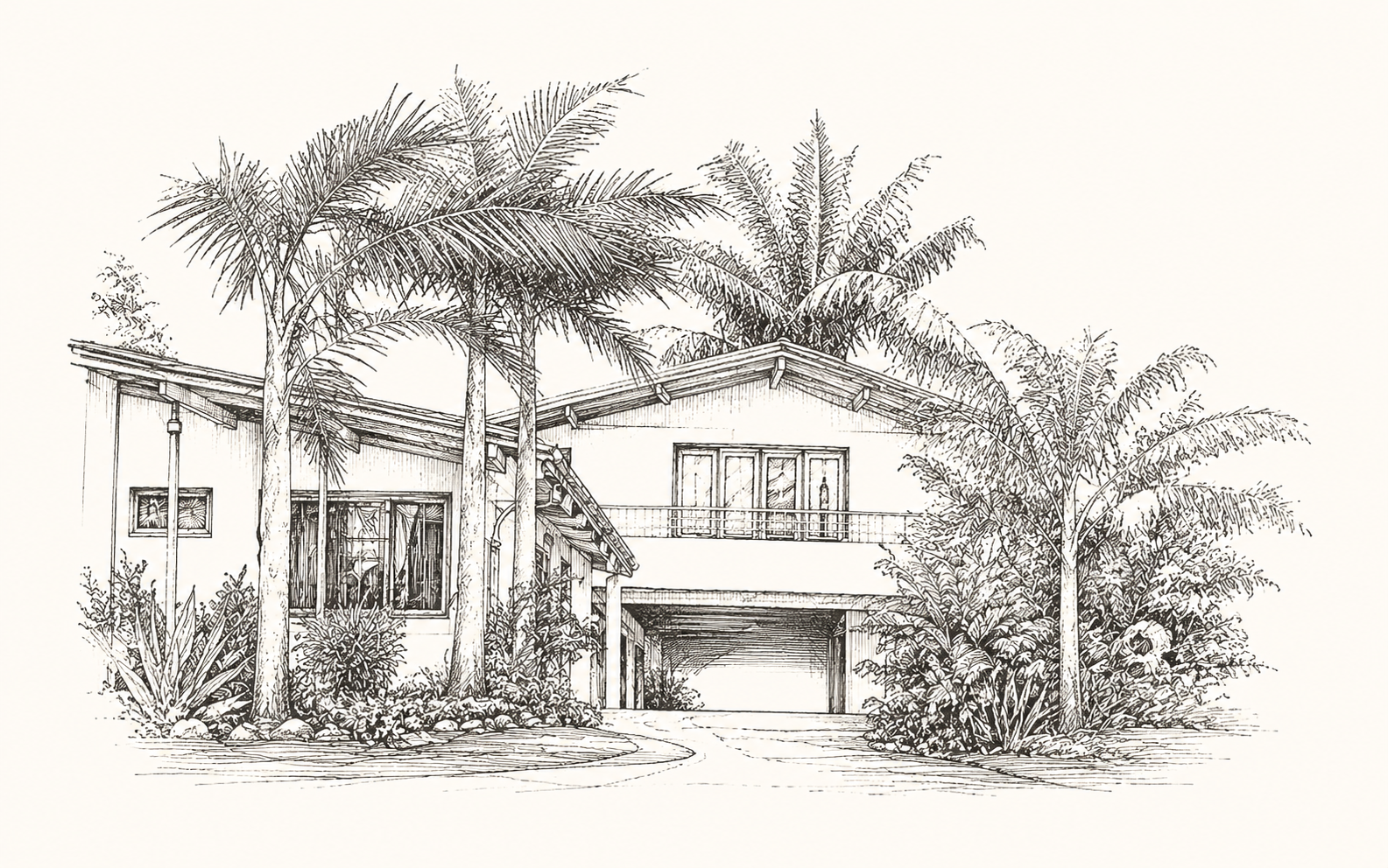 Hand drawn sketch of the Madrigal family home among palm trees in Colombia